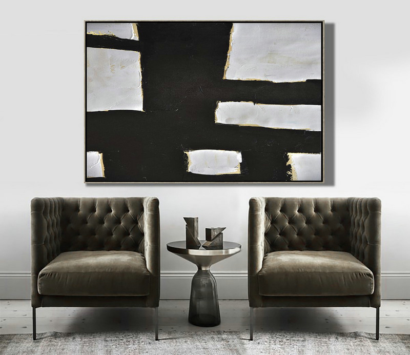 Modern Art Abstract Painting,Horizontal Palette Knife Minimal Canvas Art Painting Black White Beige - Large Living Room Decor